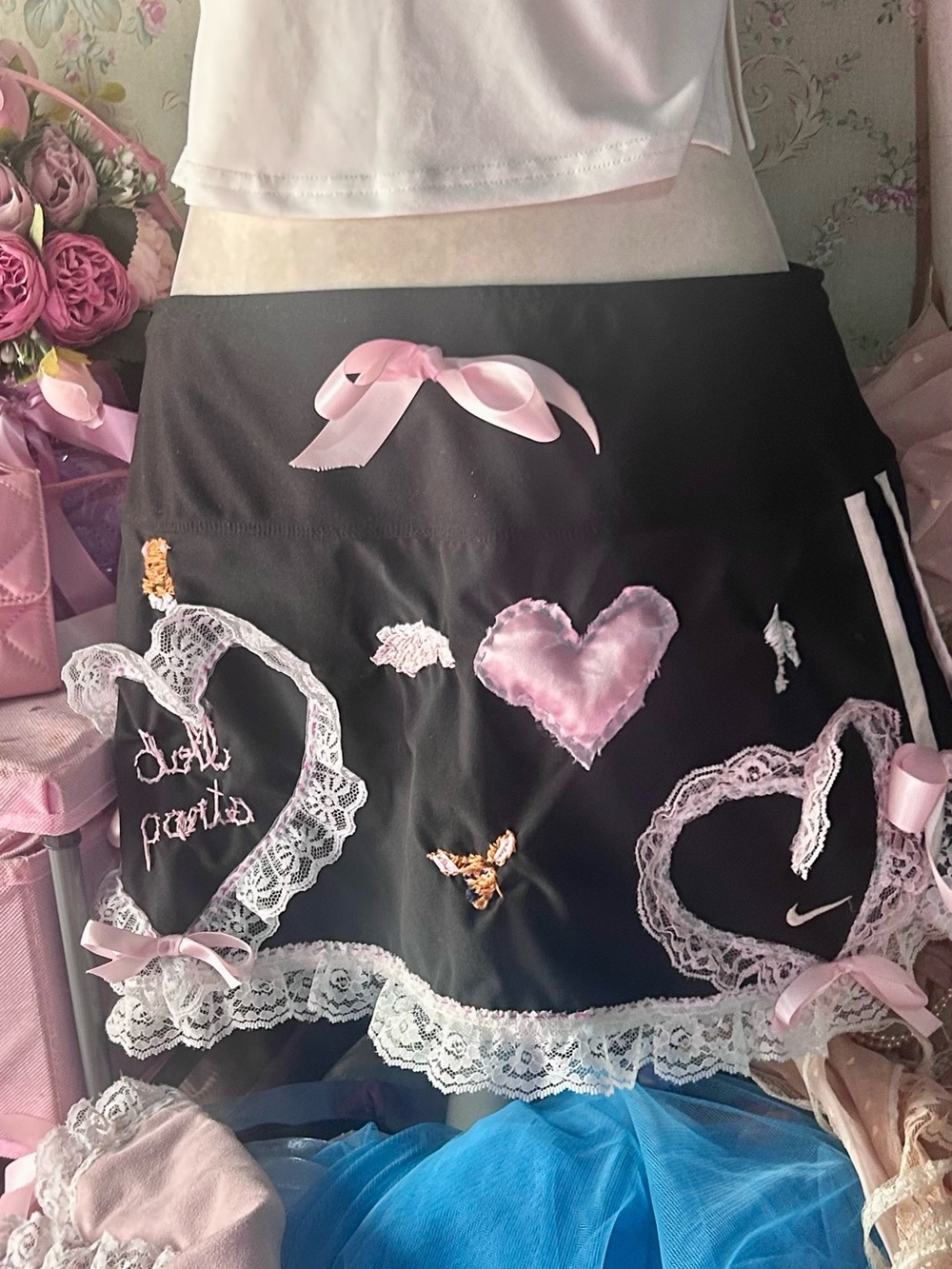 Doll parts 🎀ooak athletic skirt nike dolly  pink bows pretty frilly blokette